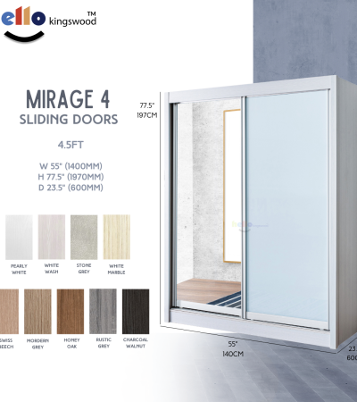 [Kingswood] Mirage 4 Sliding Door Wardrobe, 4 | 4.5 | 5 | 5.5 | 6ft, Solid Plywood, 12 Months Warranty Included, Available in 9 Colours